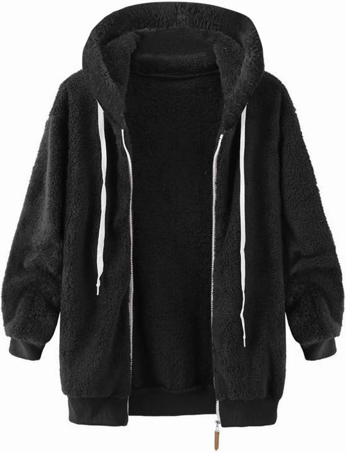 Plus Size Fuzzy Fleece Jacket For Women Faux Fur Sherpa Coat Casual Loose Zip Up Hooded Shearling Jackets Outwear