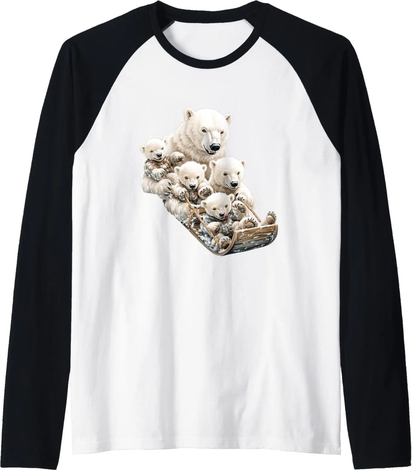 Polar Bear Family Sledding Winter Fun Raglan Baseball Tee