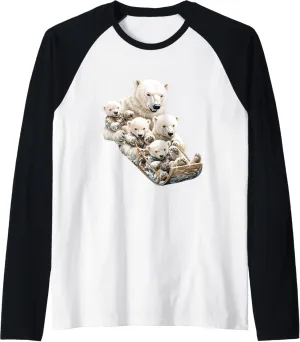 Polar Bear Family Sledding Winter Fun Raglan Baseball Tee