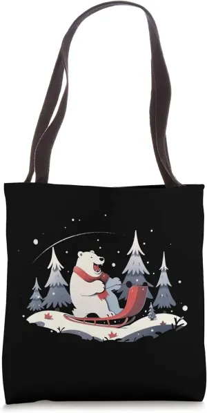 Polar Bear Riding Sled Sledge Sleighing Snow Sledging Winter Tote Bag