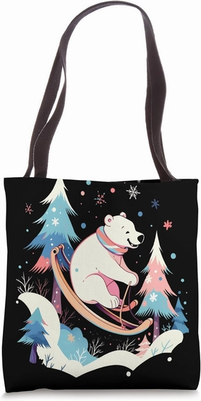 Polar Bear Riding Sled Sledge Sleighing Snow Sledging Winter Tote Bag