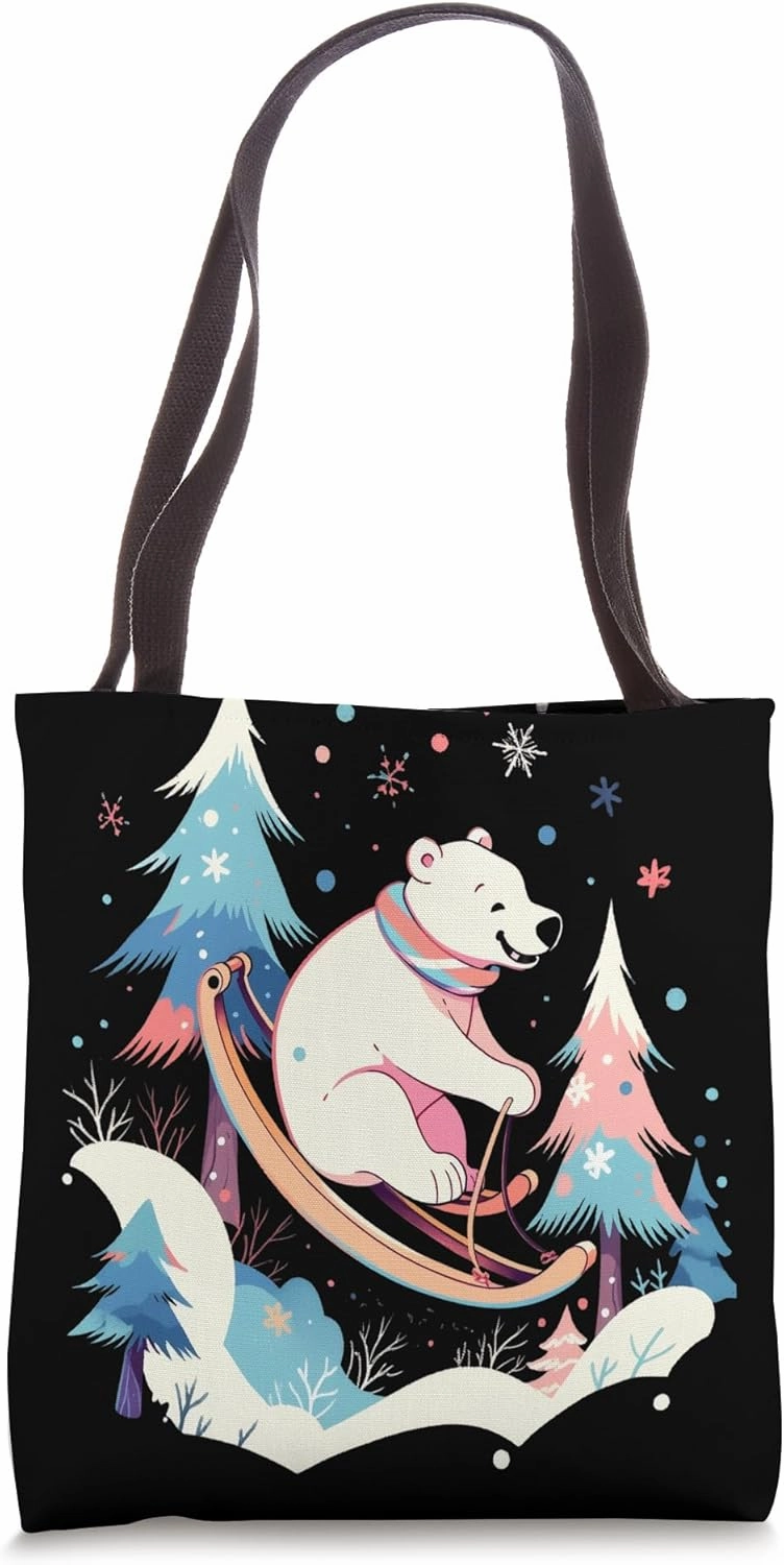 Polar Bear Riding Sled Sledge Sleighing Snow Sledging Winter Tote Bag