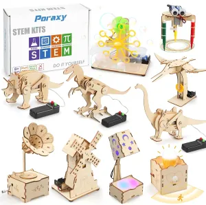 Poraxy 10 in 1 Science Kits for Kids Age 5-7, STEM Activities Science Toys for Kids Age 8-12, Dinosaur & Robot for Child Ages 8-10, Birthday Gifts 6-8 7 8 9 10 11 12 13 Yr Old Boys Girls Wood Building