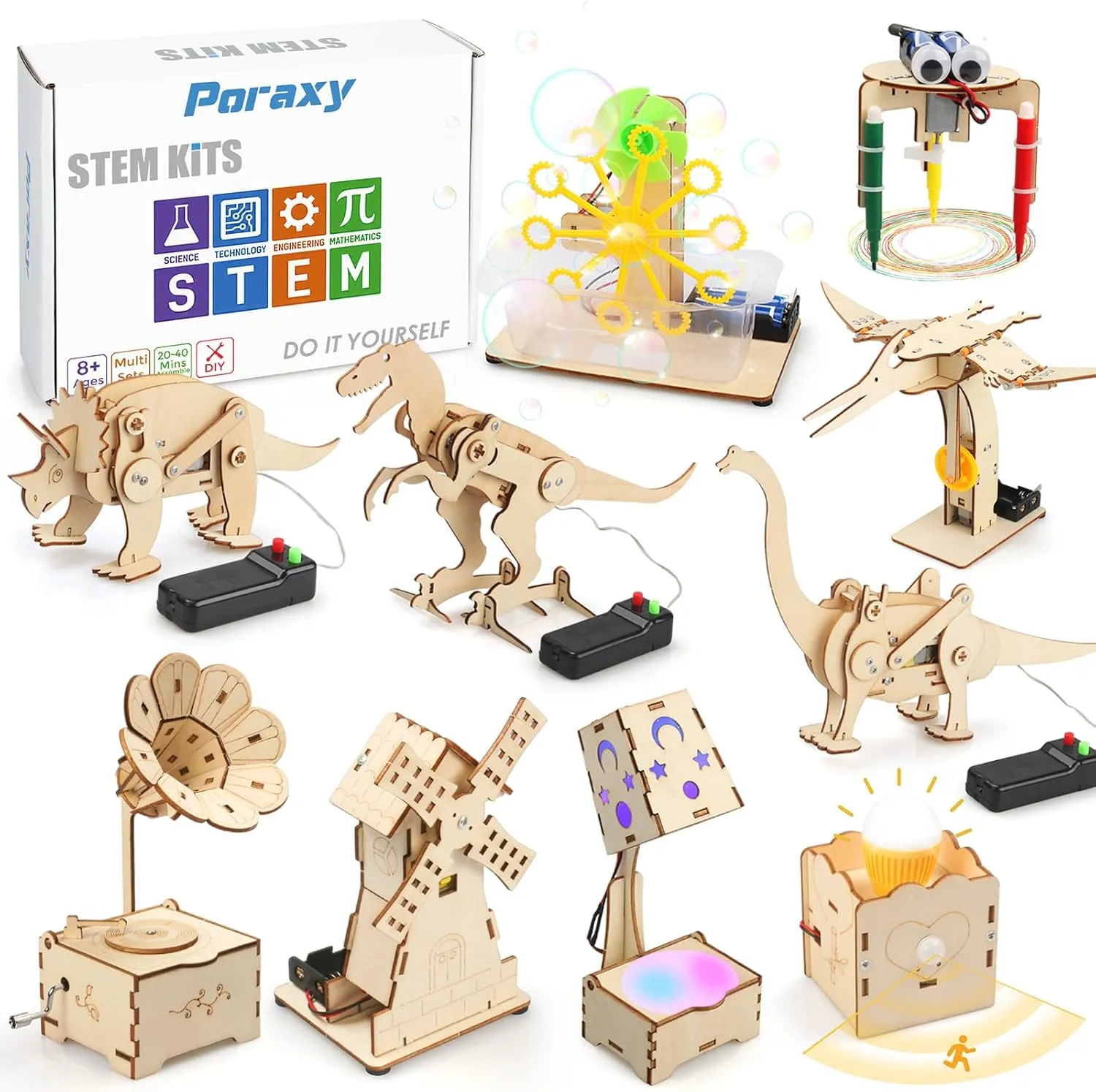 Poraxy 10 in 1 Science Kits for Kids Age 5-7, STEM Activities Science Toys for Kids Age 8-12, Dinosaur & Robot for Child Ages 8-10, Birthday Gifts 6-8 7 8 9 10 11 12 13 Yr Old Boys Girls Wood Building