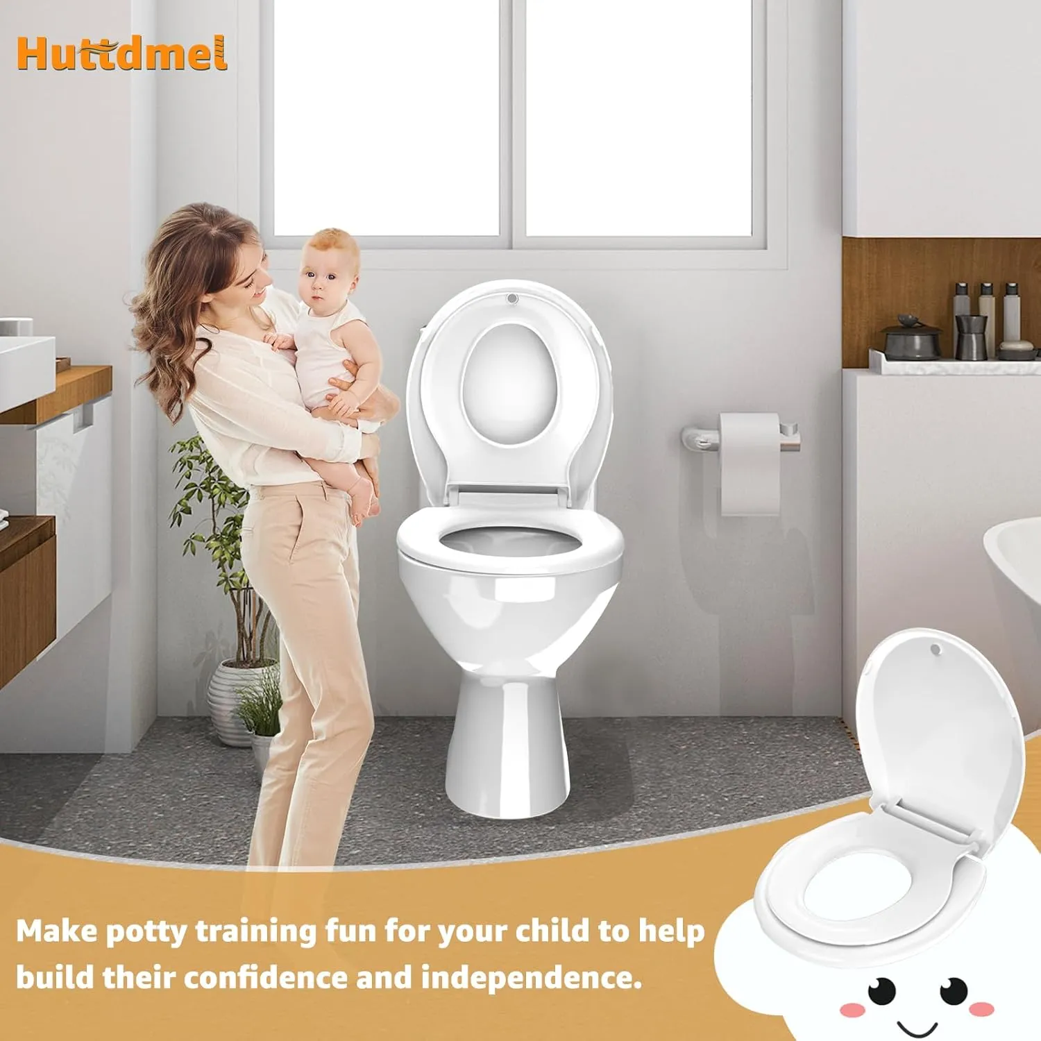 Potty Training Seat Built-in Toilet Seat, Round Toilet Seat 16.5inch with Baby Seat 2 in 1 Soft Close Quiet No Slapping, Magnetic Absorption, Easy Installation for Bottom Fixing Toilet
