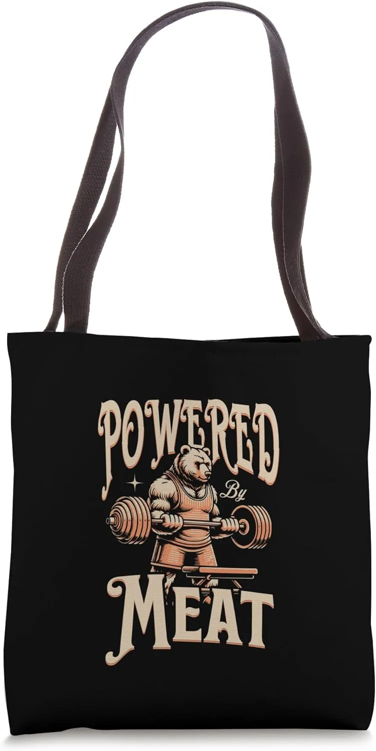 Powered by Meat Carnivore Bear Weight Lifting Beef Lover Tote Bag