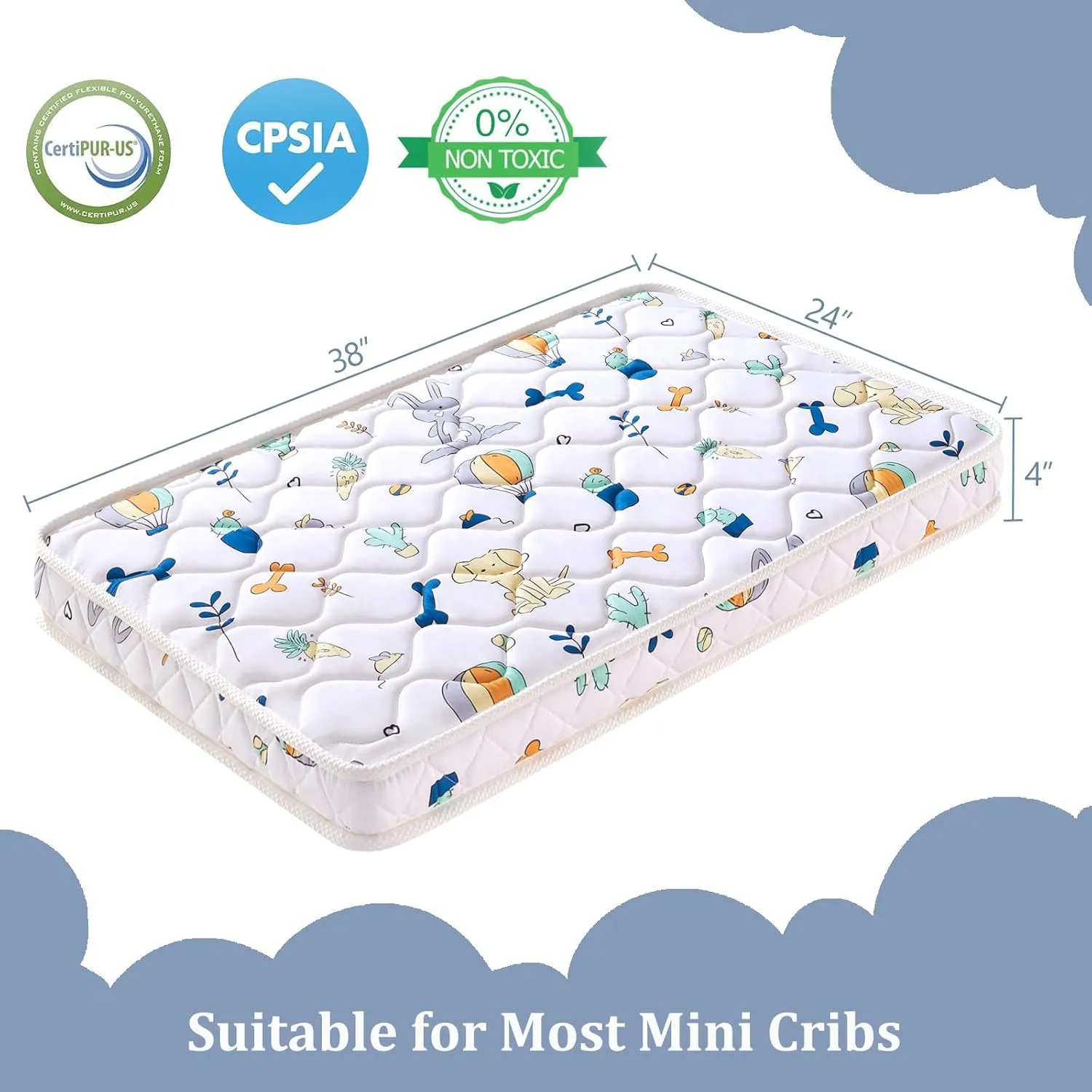 Premium Foam Mini Crib Mattress 38“ x 24” x 4”, Dual Sided with Soft Breathable Fabric, Noiseless and Odorless, Comfortable and Firm, Fits Most Mini Cribs (Does Not Fit Playard or Standard Crib)