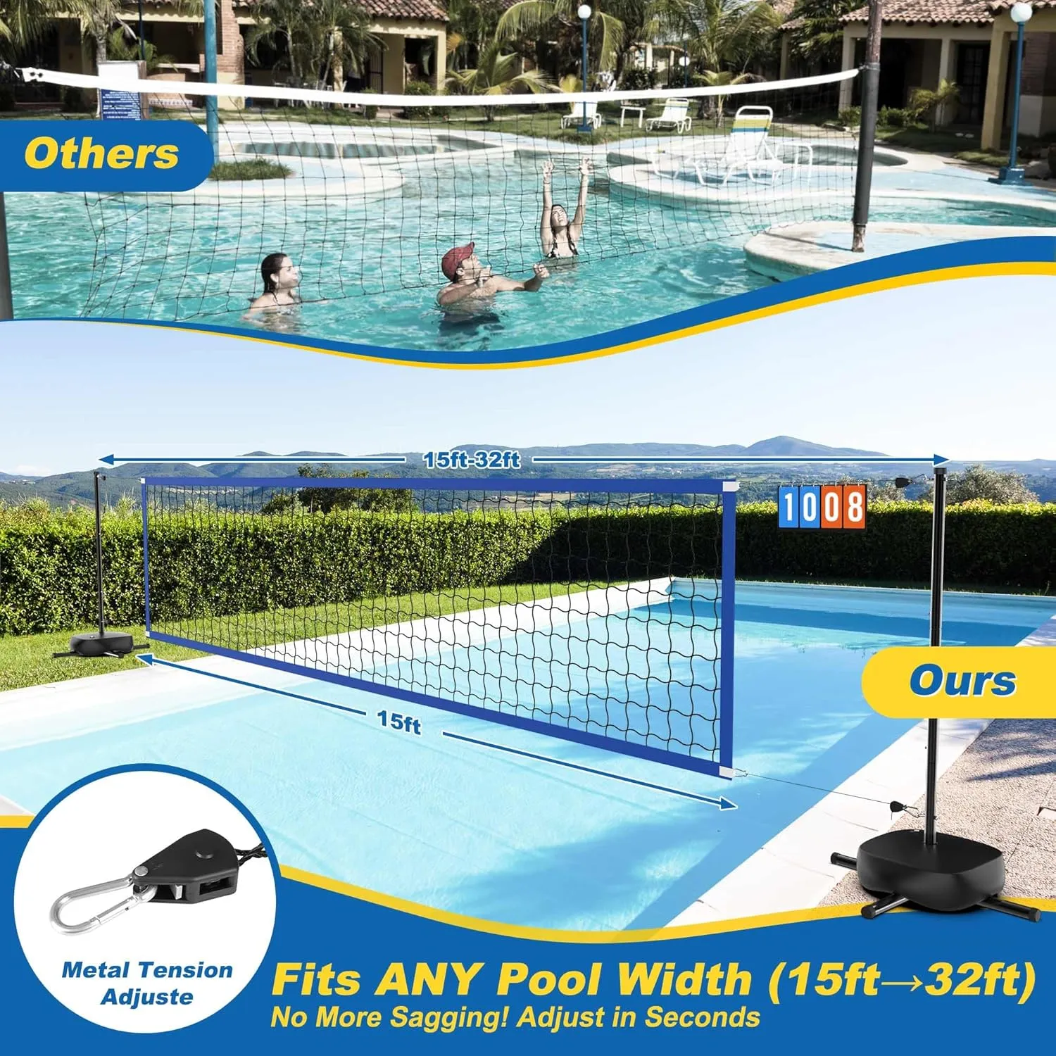 Professional Pool Volleyball Net with Scoreboard, Adjustable Width (15-32 FT) Pool Volleyball Set, Portable Versatile Tennis Badminton Net with Water Base, 21 FT LED Light, Indoor Outdoor