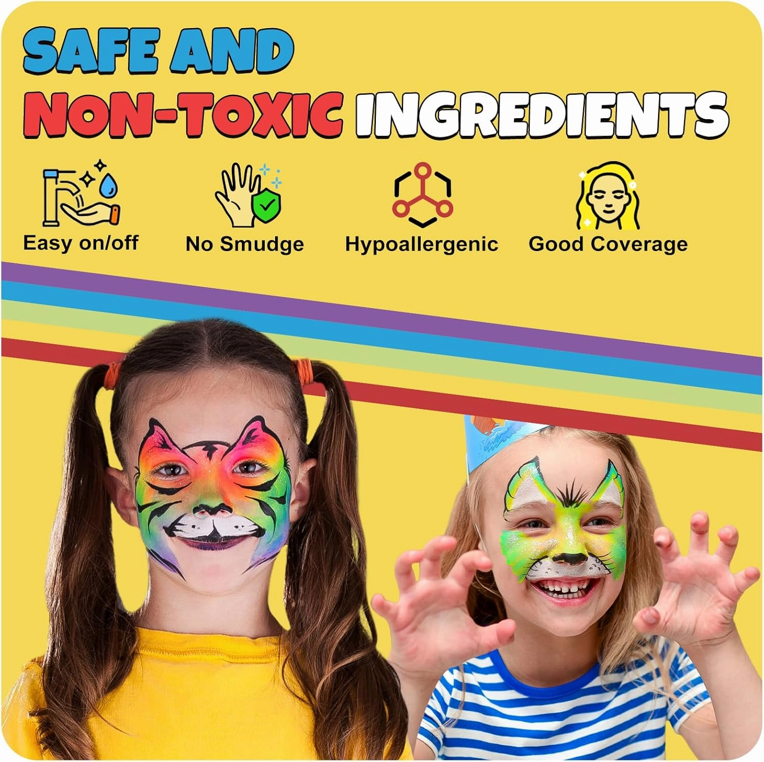 Professional Face Painting Kit for Kids & Adults, Split Cake Face Paint Palette 12 x 10gm with Stencil, One Stroke Non Toxic Rainbow Body Paint Set for Halloween & Christmas Makeup