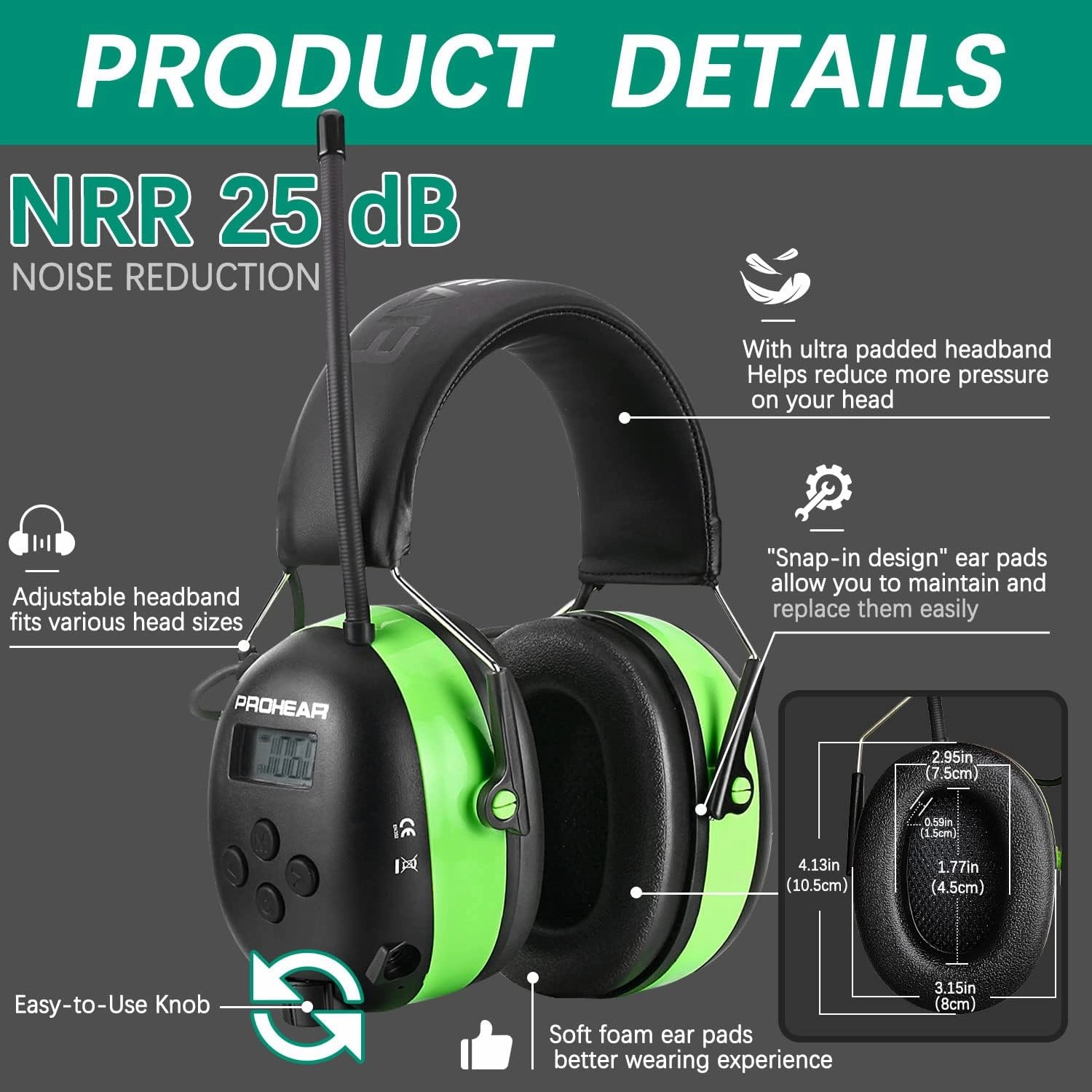 PROHEAR 033 Upgraded 5.4 Bluetooth Hearing Protection AM FM Radio Headphones, Noise Reduction Safety Earmuffs with Rechargeable 2000 mAH Battery, Ear Protector for Mowing Lawn, Gifts for Father