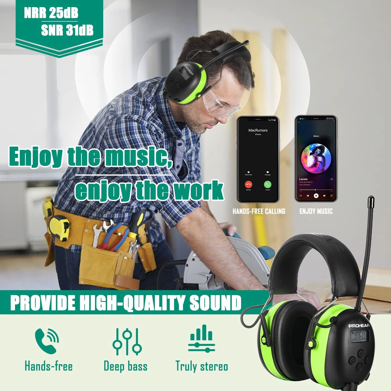 PROHEAR 033 Upgraded 5.4 Bluetooth Hearing Protection AM FM Radio Headphones, Noise Reduction Safety Earmuffs with Rechargeable 2000 mAH Battery, Ear Protector for Mowing Lawn, Gifts for Father