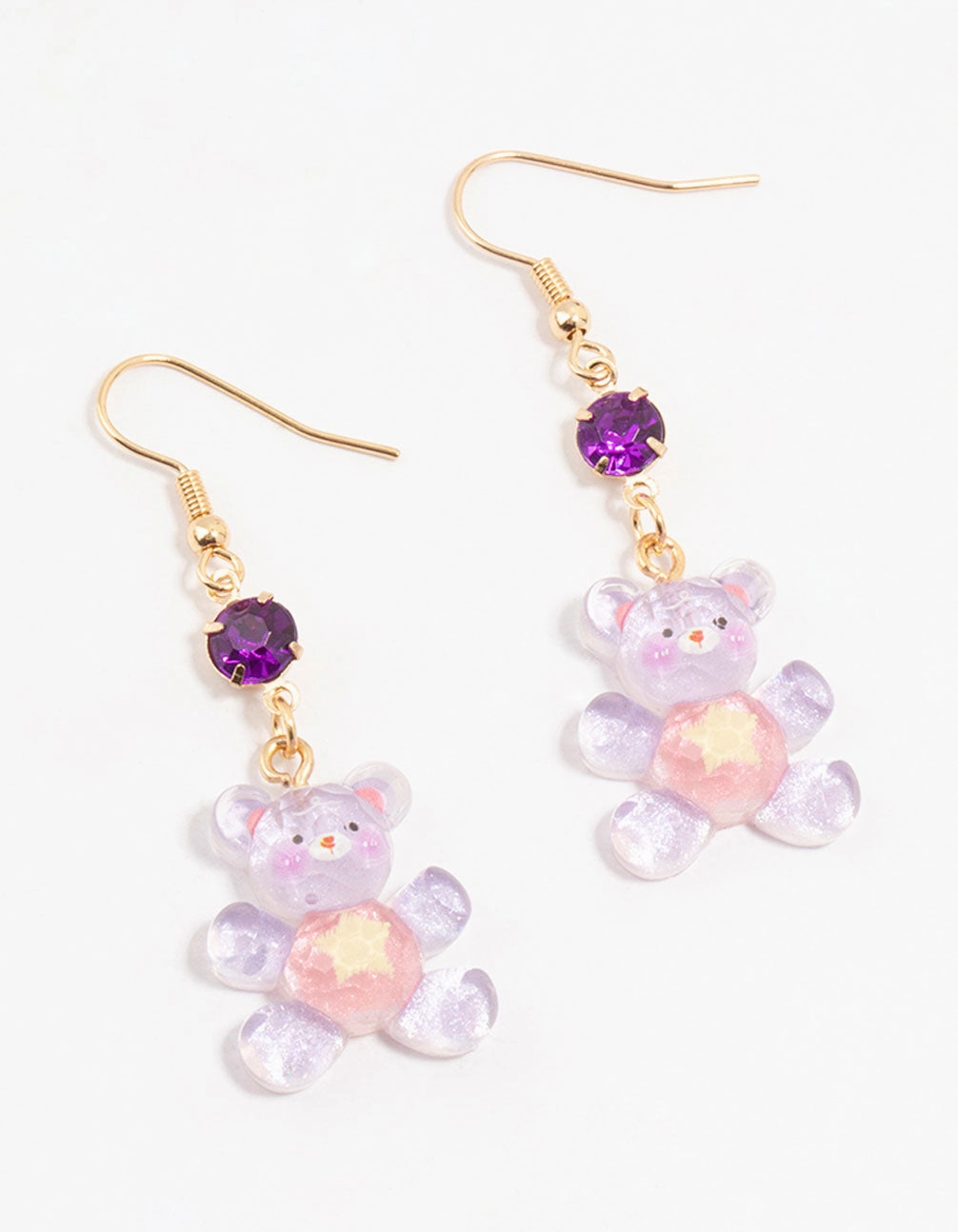 Purple Acrylic Diamante Glitter Teddy Bear Drop Earrings