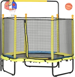 Qaba 4.6' Kids Trampoline With Basketball Hoop, Horizontal Bar, 55" Indoor Net, Small Springfree Gifts for Kids Toys, Ages 3-10