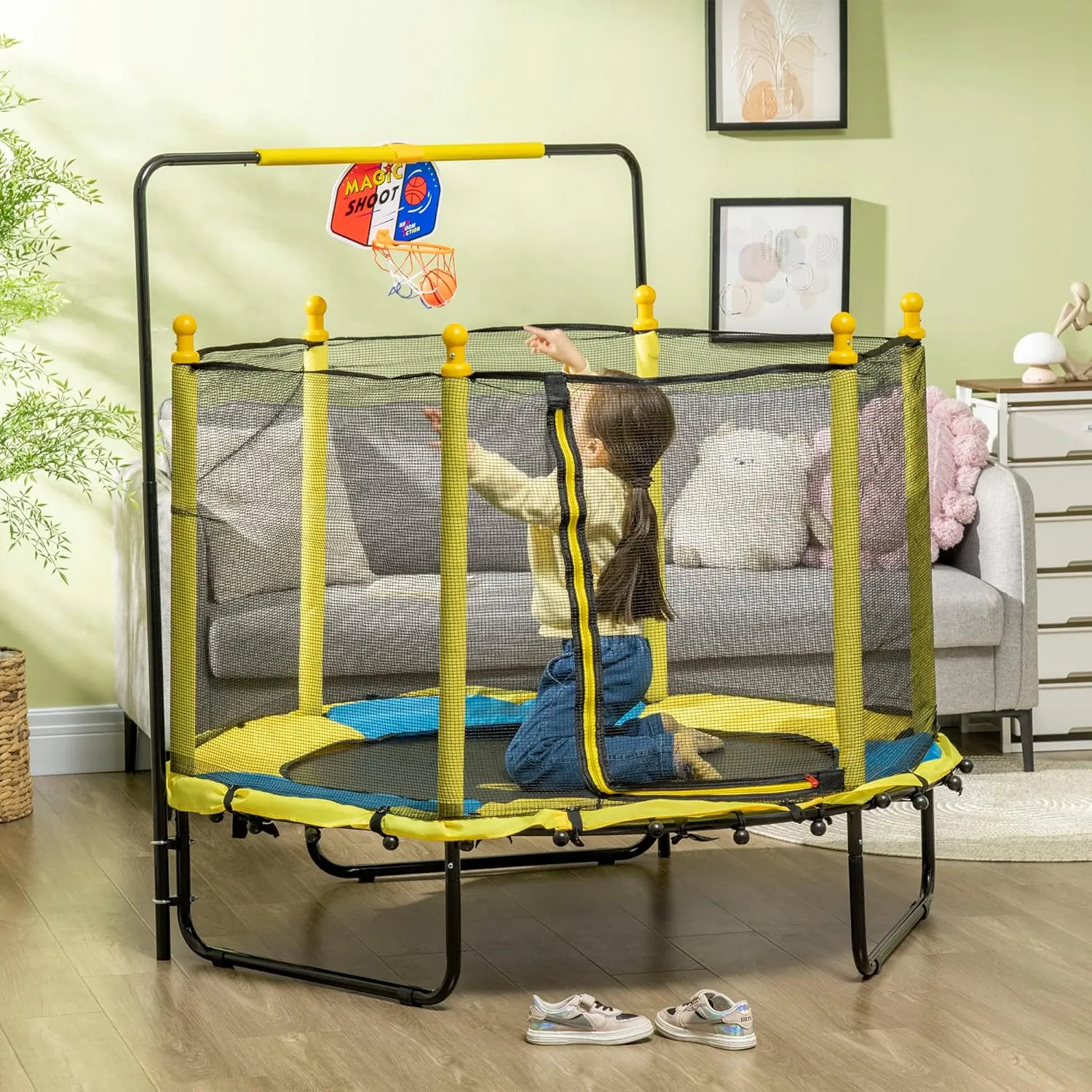 Qaba 4.6' Kids Trampoline With Basketball Hoop, Horizontal Bar, 55" Indoor Net, Small Springfree Gifts for Kids Toys, Ages 3-10
