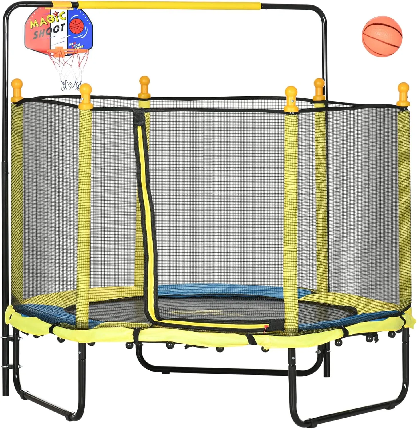 Qaba 4.6' Kids Trampoline With Basketball Hoop, Horizontal Bar, 55" Indoor Net, Small Springfree Gifts for Kids Toys, Ages 3-10
