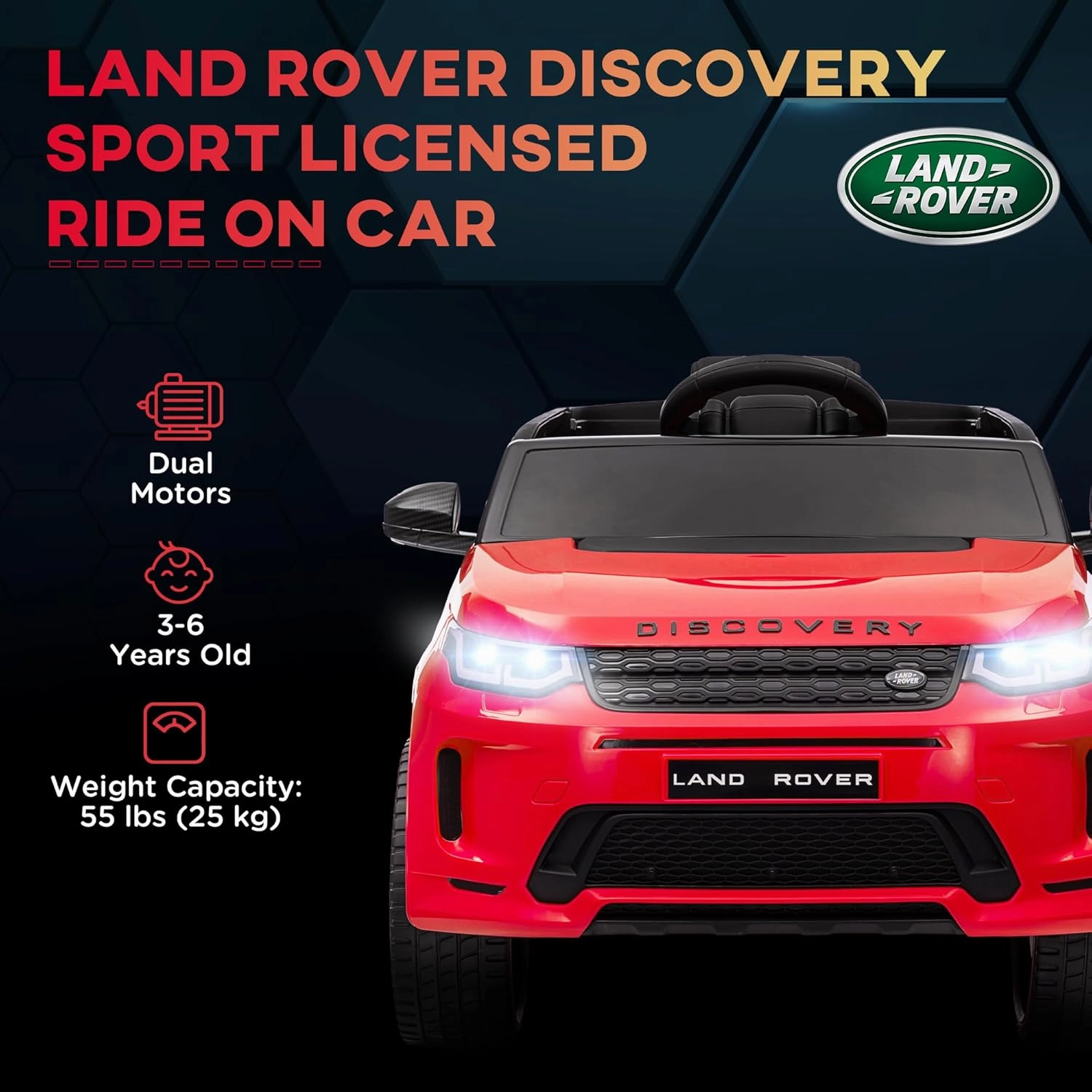 Qaba 12V Kids Ride on Car, Land Rover Discovery Sport Licensed Battery Powered Kids Electric Car with Remote Control, Soft Start, LED Lights, Music Horn, 3 Speeds, Red