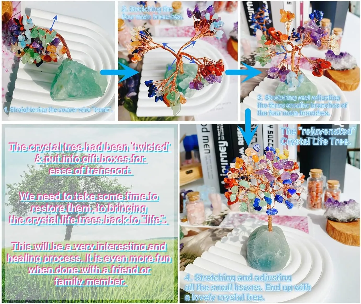 QINJIEJIE Crystal Tree Healing Crystals Amethyst, Purple Gravel Gemstone, Rose Quartz Pink Base, Copper Wire Life Stones Artificial Energy Desk Decor, Spiritual Meditation Gifts