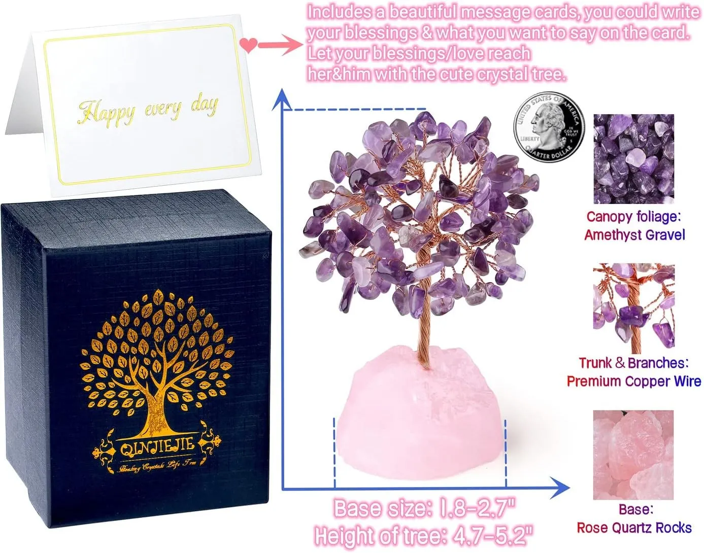 QINJIEJIE Crystal Tree Healing Crystals Amethyst, Purple Gravel Gemstone, Rose Quartz Pink Base, Copper Wire Life Stones Artificial Energy Desk Decor, Spiritual Meditation Gifts