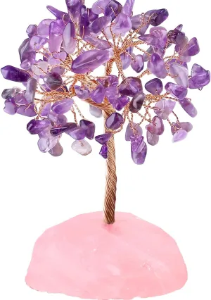 QINJIEJIE Crystal Tree Healing Crystals Amethyst, Purple Gravel Gemstone, Rose Quartz Pink Base, Copper Wire Life Stones Artificial Energy Desk Decor, Spiritual Meditation Gifts