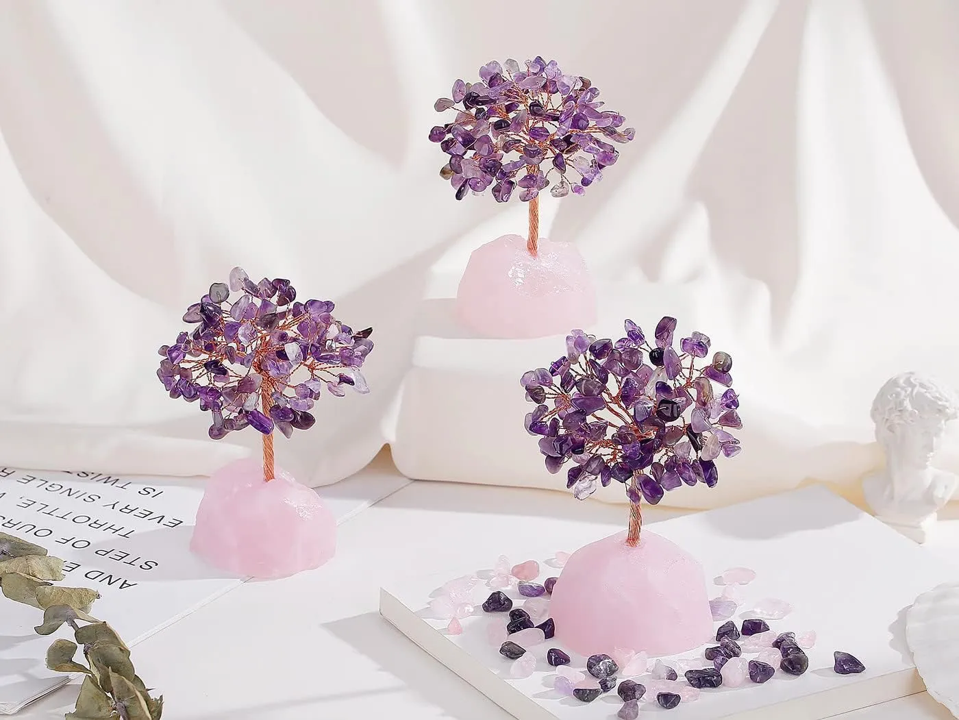 QINJIEJIE Crystal Tree Healing Crystals Amethyst, Purple Gravel Gemstone, Rose Quartz Pink Base, Copper Wire Life Stones Artificial Energy Desk Decor, Spiritual Meditation Gifts