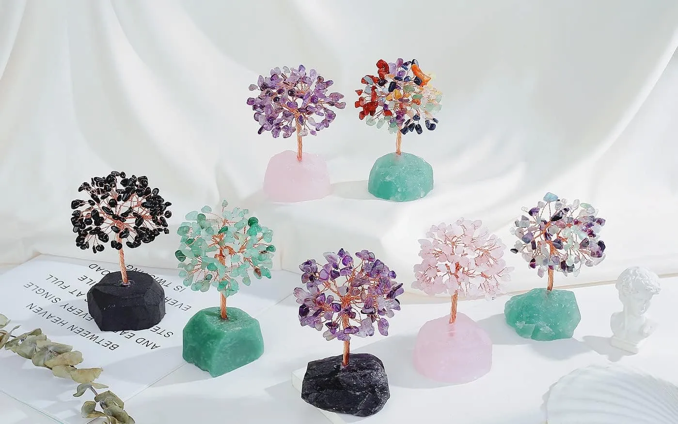 QINJIEJIE Crystal Tree Healing Crystals Amethyst, Purple Gravel Gemstone, Rose Quartz Pink Base, Copper Wire Life Stones Artificial Energy Desk Decor, Spiritual Meditation Gifts