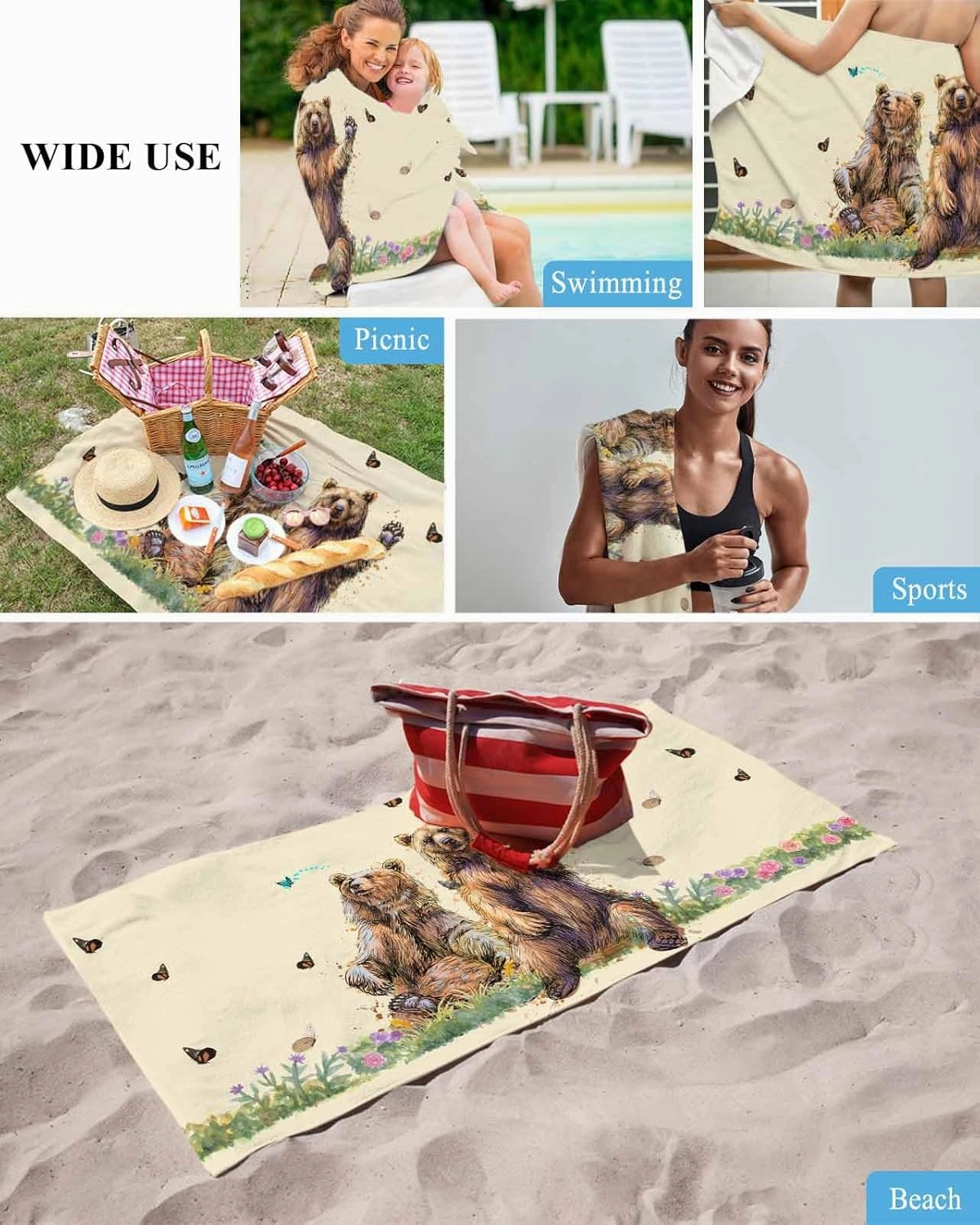 Quick-Drying Microfiber Beach Towel, Bear and Butterfly Soft Absorbent Bath Shower Towels, Farmhouse Country Lightweight Portable Towel/Blanket for Travel/Swimming Pool/Camping/Yoga/Gym，35x70 Inch