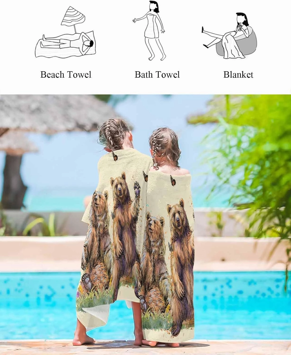 Quick-Drying Microfiber Beach Towel, Bear and Butterfly Soft Absorbent Bath Shower Towels, Farmhouse Country Lightweight Portable Towel/Blanket for Travel/Swimming Pool/Camping/Yoga/Gym，35x70 Inch