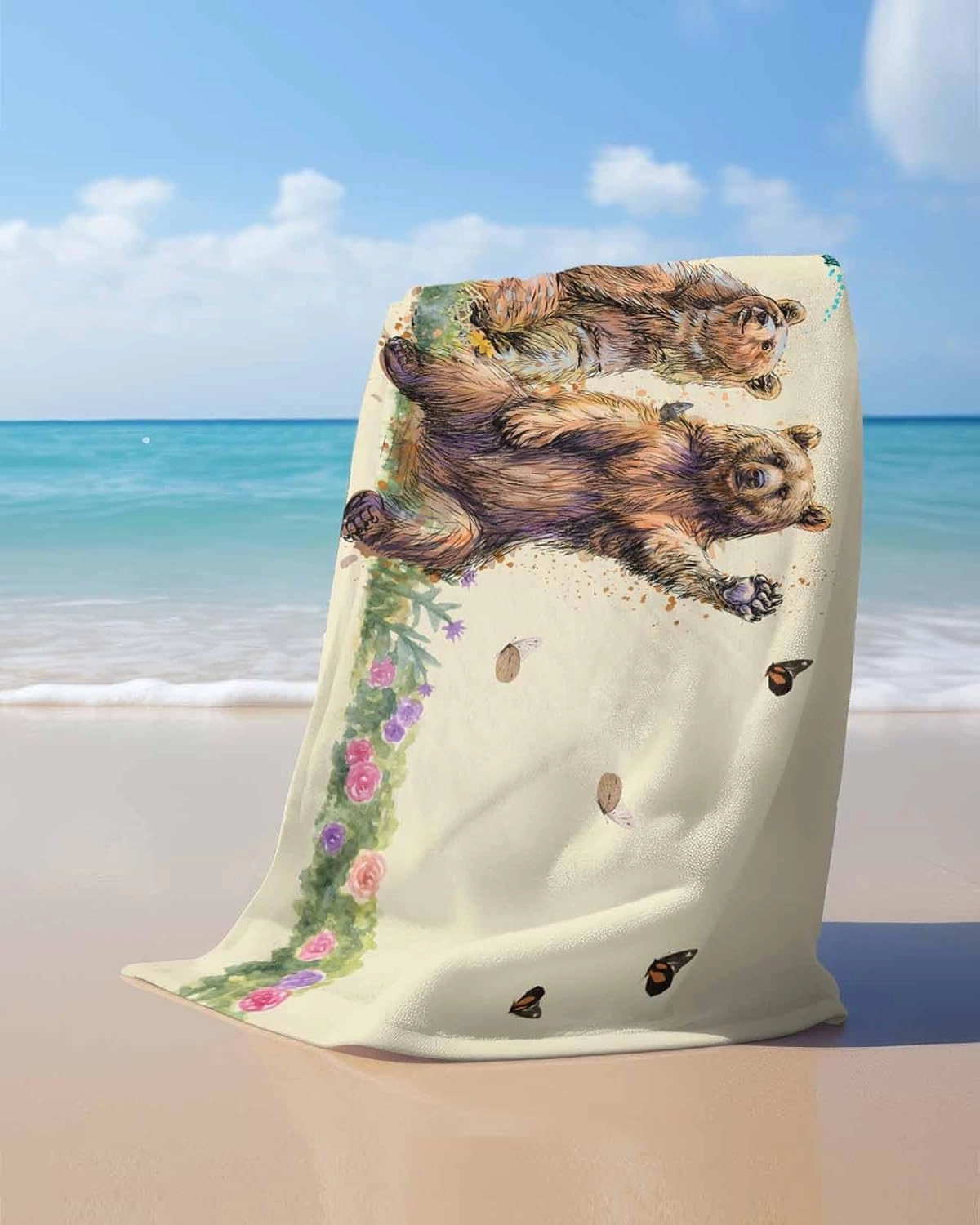 Quick-Drying Microfiber Beach Towel, Bear and Butterfly Soft Absorbent Bath Shower Towels, Farmhouse Country Lightweight Portable Towel/Blanket for Travel/Swimming Pool/Camping/Yoga/Gym，35x70 Inch