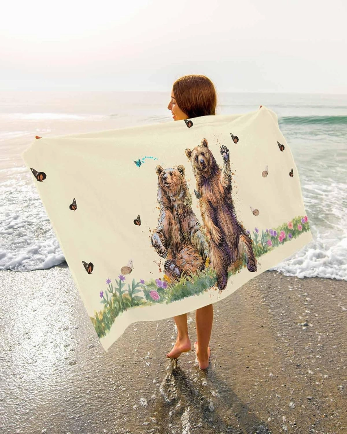 Quick-Drying Microfiber Beach Towel, Bear and Butterfly Soft Absorbent Bath Shower Towels, Farmhouse Country Lightweight Portable Towel/Blanket for Travel/Swimming Pool/Camping/Yoga/Gym，35x70 Inch