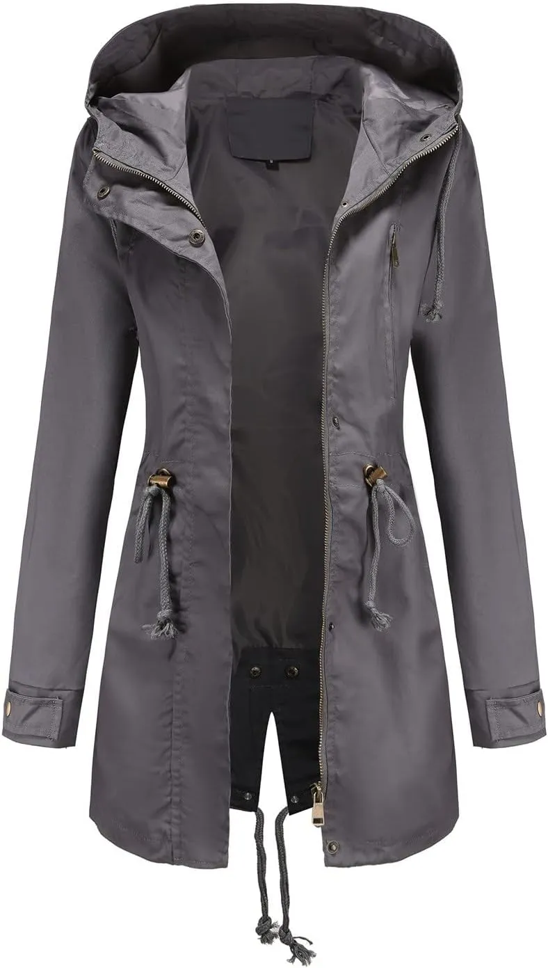 Rain Jackets for Women Waterproof Long Lightweight Trench Coats Outdoor Hooded Casual Drawtring Waist Rain Coats Fall