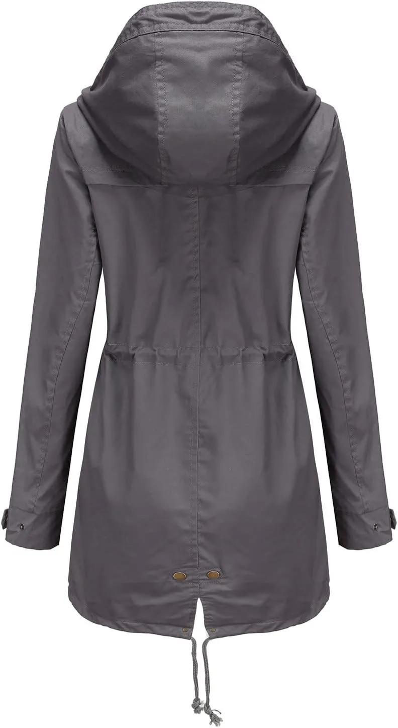 Rain Jackets for Women Waterproof Long Lightweight Trench Coats Outdoor Hooded Casual Drawtring Waist Rain Coats Fall