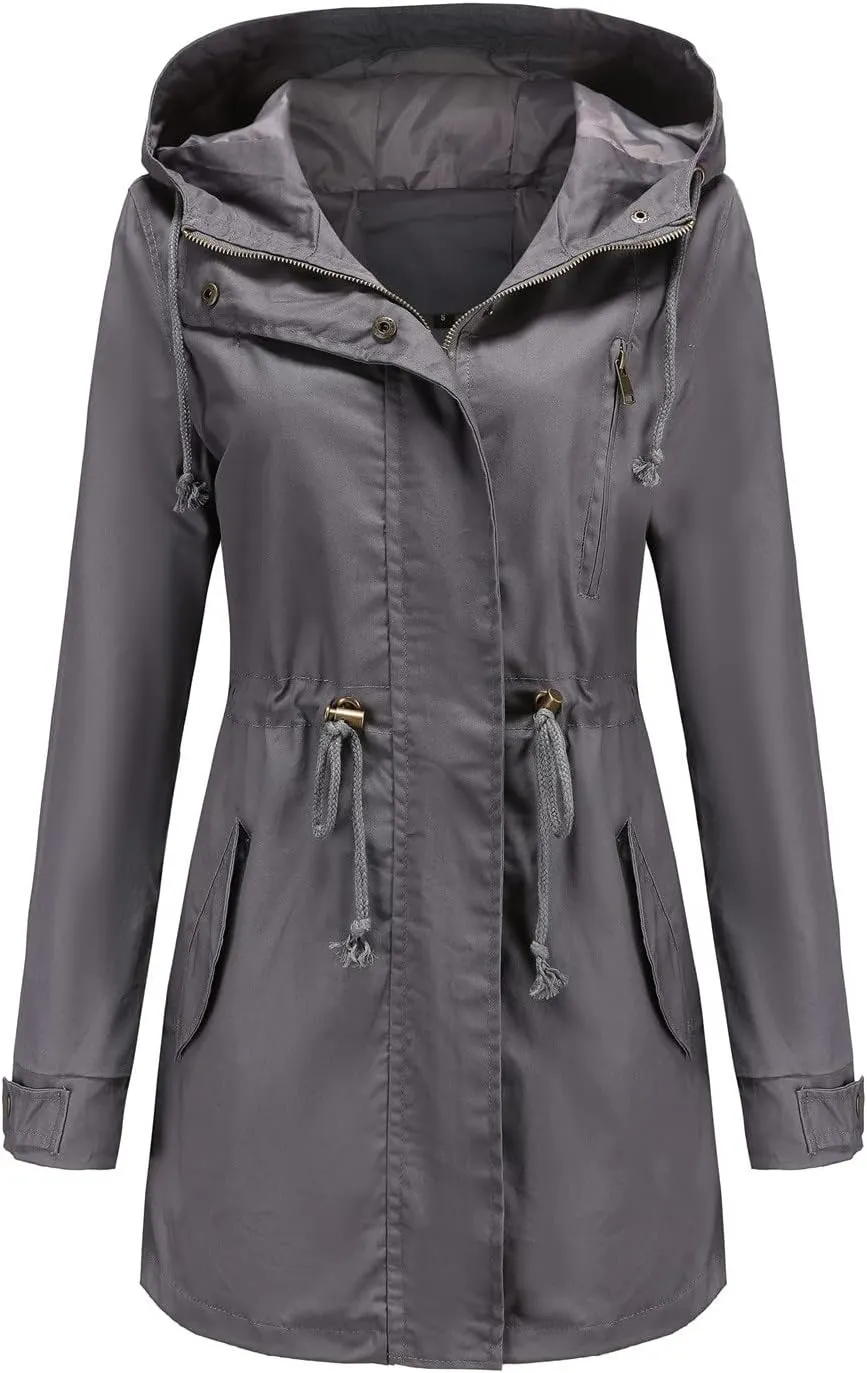 Rain Jackets for Women Waterproof Long Lightweight Trench Coats Outdoor Hooded Casual Drawtring Waist Rain Coats Fall