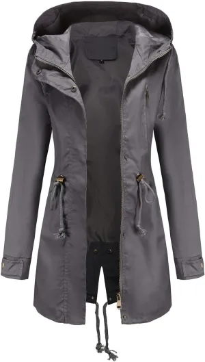 Rain Jackets for Women Waterproof Long Lightweight Trench Coats Outdoor Hooded Casual Drawtring Waist Rain Coats Fall