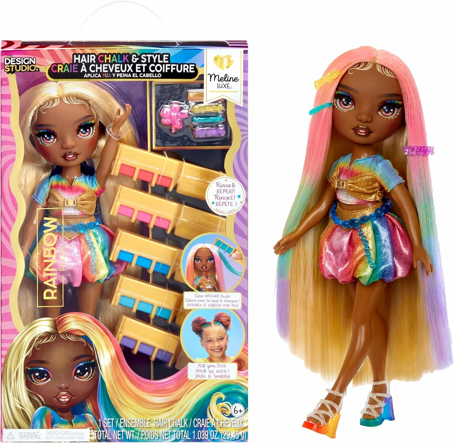 Rainbow High Hair Chalk & Style Meline – Rainbow & Gold 11” Doll. Washable Rainbow Hair Chalk, Color, Style, Play, Rinse & Repeat. Kids Gift 4-12 