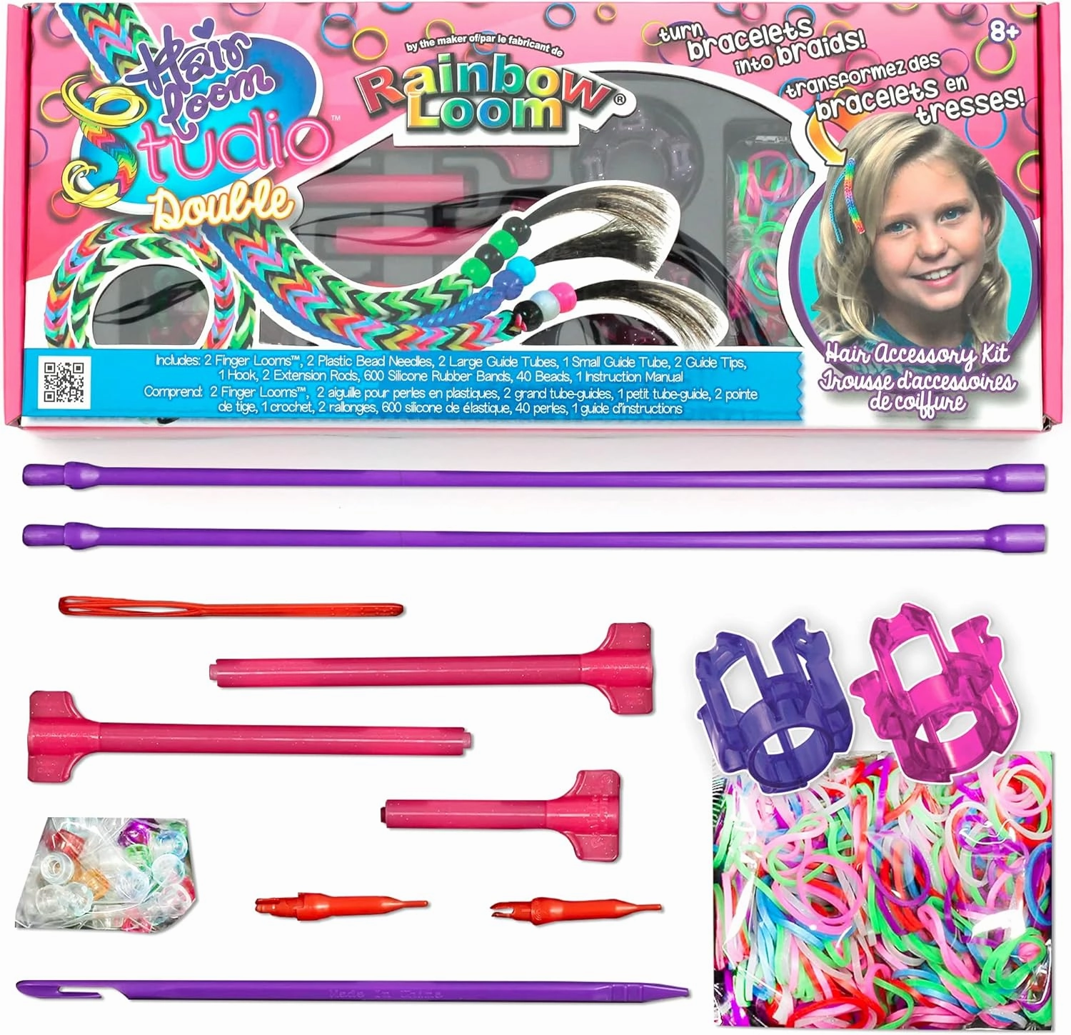 Rainbow Loom® Hair Loom Studio Kit, Features 2 Finger Loom, 40 Beads, 600 Rubber Colorful Rubber Bands and Many More, Great Gift for Girls 7 