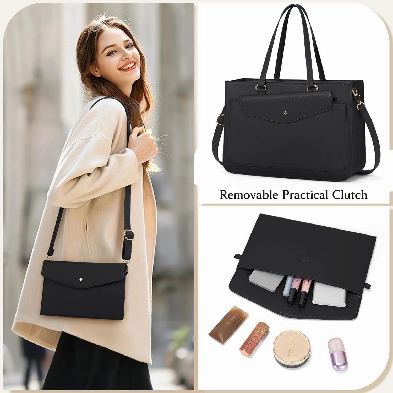 RAINSMORE Laptop Bag for Women 15.6 Inch Work Tote Bags Leather Laptop Tote Waterproof Computer Bag Professional Office Business Briefcase Large Handbag for College Teacher Travel, Black