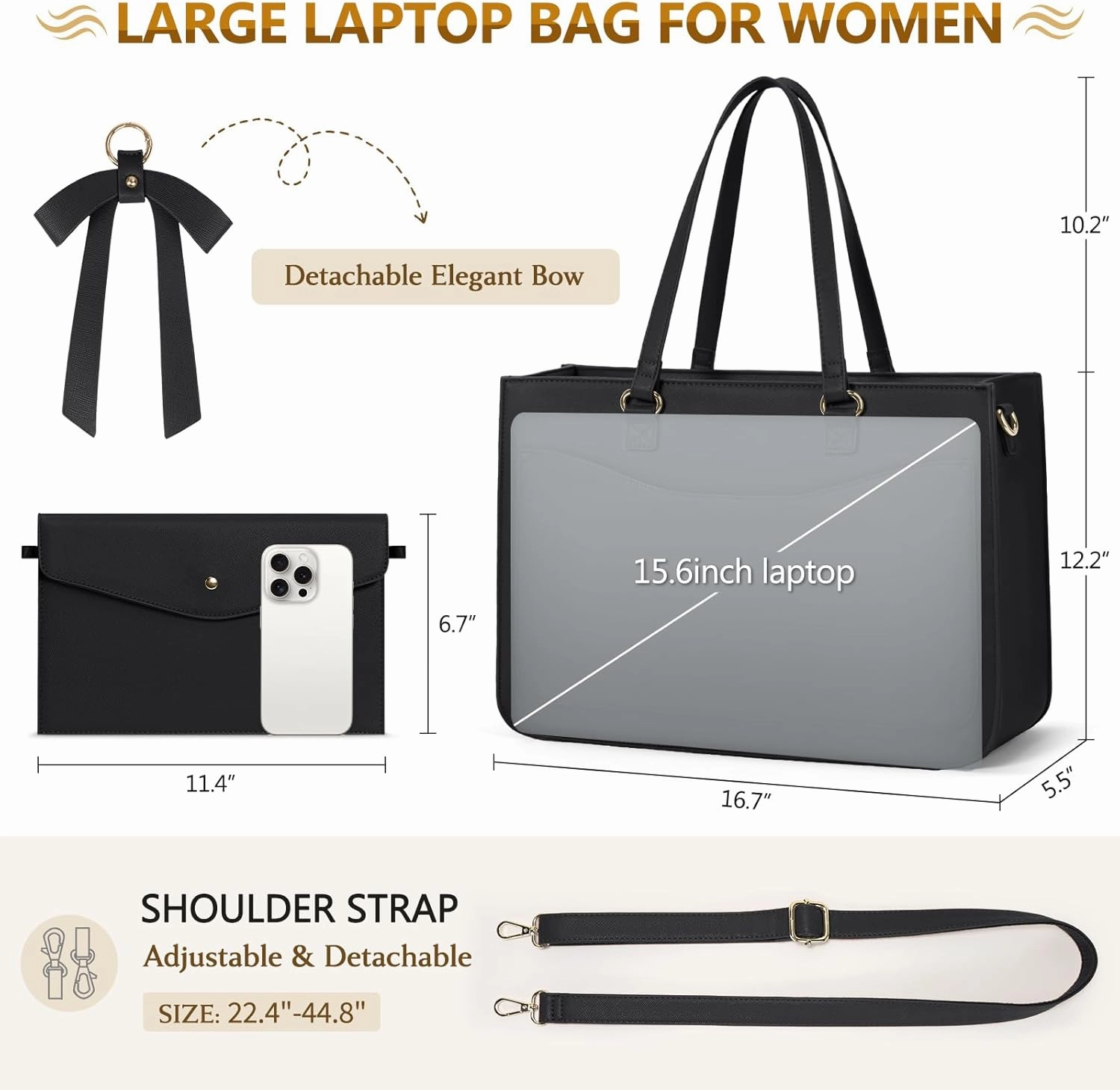 RAINSMORE Laptop Bag for Women 15.6 Inch Work Tote Bags Leather Laptop Tote Waterproof Computer Bag Professional Office Business Briefcase Large Handbag for College Teacher Travel, Black