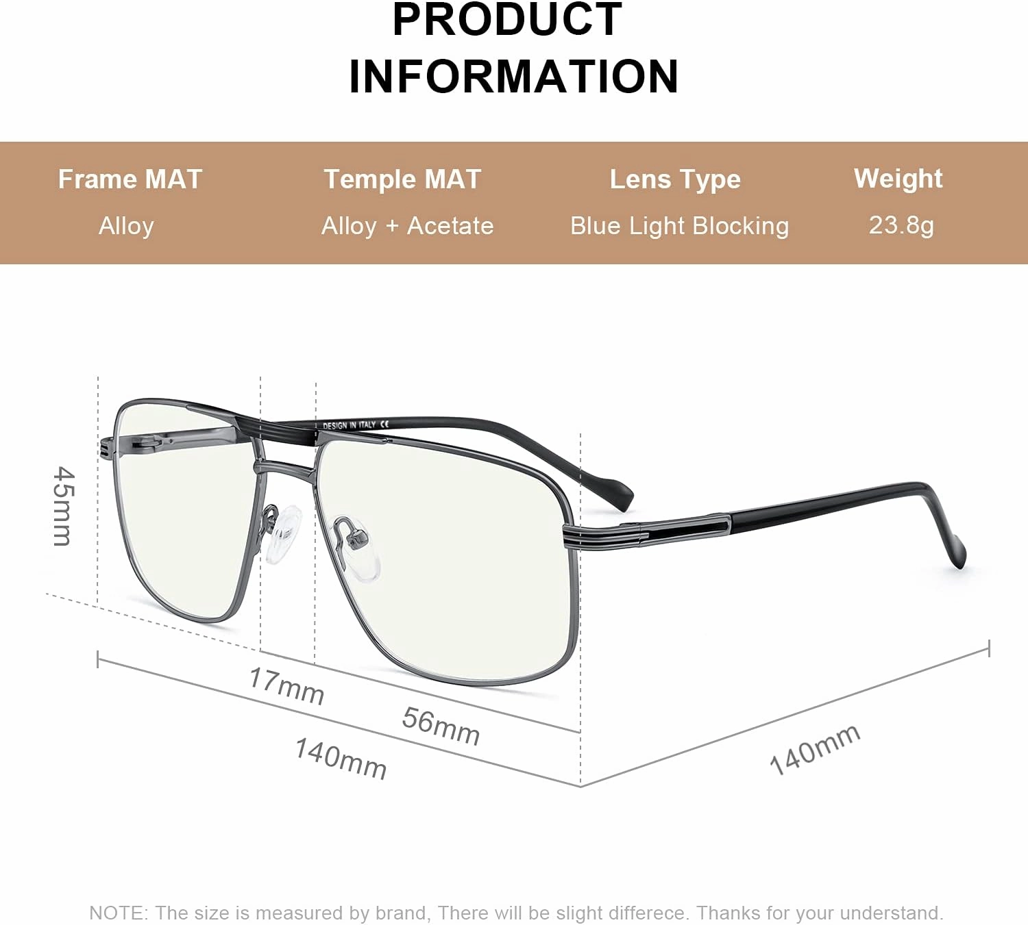 Reading Glasses for Men Square Double Bridge Blue Light Blocking Computer Readers