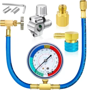 Refrigerator Freon Recharge Kit, R134a Refrigerant Recharge Kit, A/C R134a Refrigerator Freon Recharge Kit, with Bullet Piercing Tap Valve, R134a Self-Sealing Adapter, for Home AC Refrigerant System