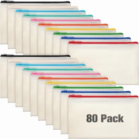 Reginary 80 Pack Canvas Zipper Makeup Bags Bulk Pencil Pouches Blank DIY Craft Canvas Cosmetic Bag Pouch with Zipper for Makeup Cosmetic Toiletry Stationary Storage(Natural and Colorful Zippers)