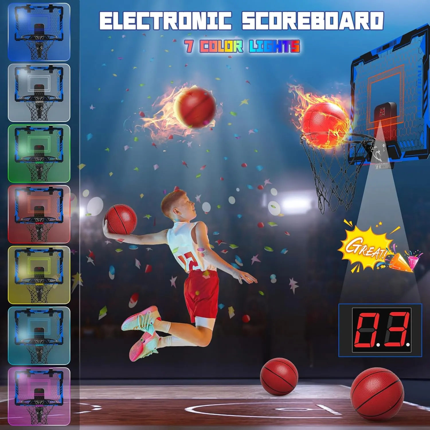 Remote Control Basketball Hoop Indoor for Kids-Over The Door Basketball Hoop with LED Light, Scoreboard, 4 Balls, Air Pump, Bag, Mini Hoop Gift Sport Toy for Boys Girls 3 4 5 6 7 8 9 10 11 12 , Blue