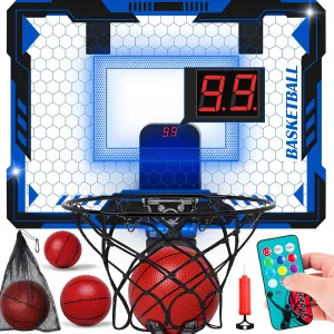 Remote Control Basketball Hoop Indoor for Kids-Over The Door Basketball Hoop with LED Light, Scoreboard, 4 Balls, Air Pump, Bag, Mini Hoop Gift Sport Toy for Boys Girls 3 4 5 6 7 8 9 10 11 12 , Blue