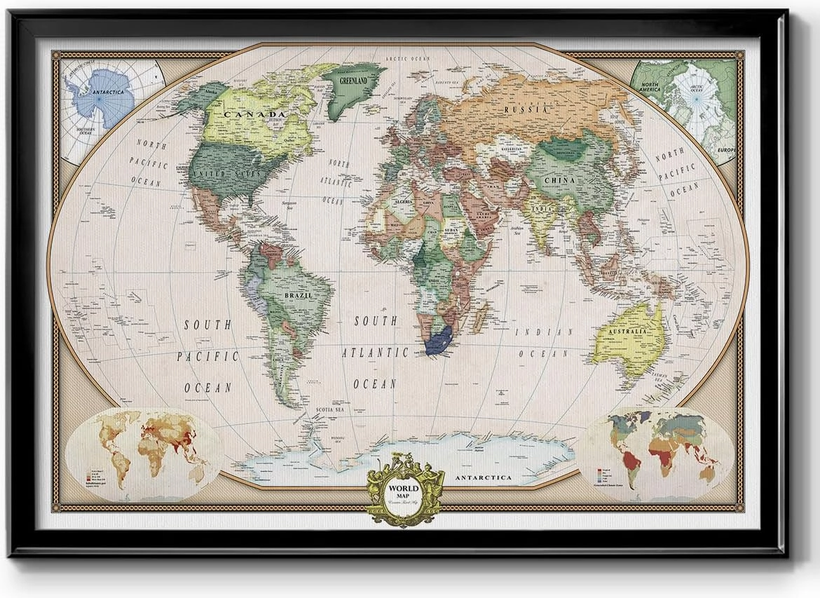 Renditions Gallery Colorful World Map Canvas Wall Art with Black Frame Wall Hanging Travel Map with Push Pins for Home, Office, Classroom