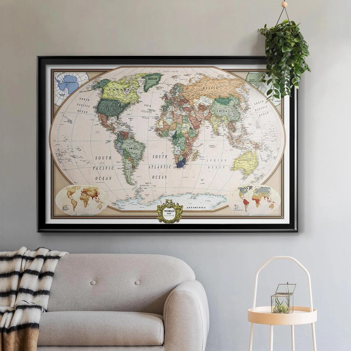 Renditions Gallery Colorful World Map Canvas Wall Art with Black Frame Wall Hanging Travel Map with Push Pins for Home, Office, Classroom