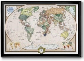 Renditions Gallery Colorful World Map Canvas Wall Art with Black Frame Wall Hanging Travel Map with Push Pins for Home, Office, Classroom