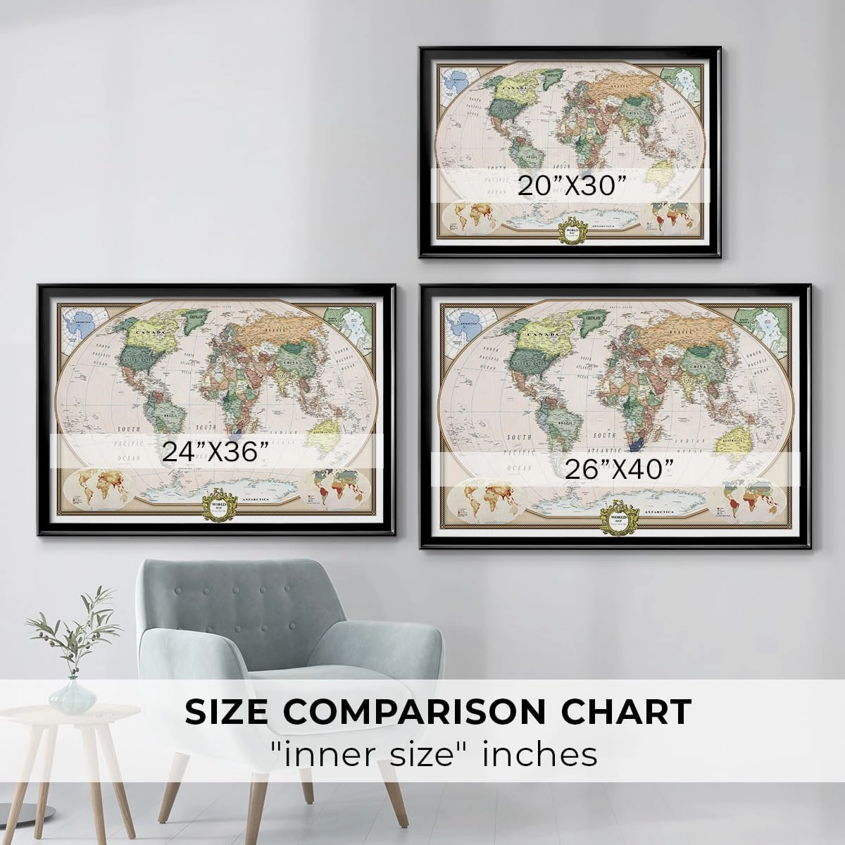 Renditions Gallery Colorful World Map Canvas Wall Art with Black Frame Wall Hanging Travel Map with Push Pins for Home, Office, Classroom