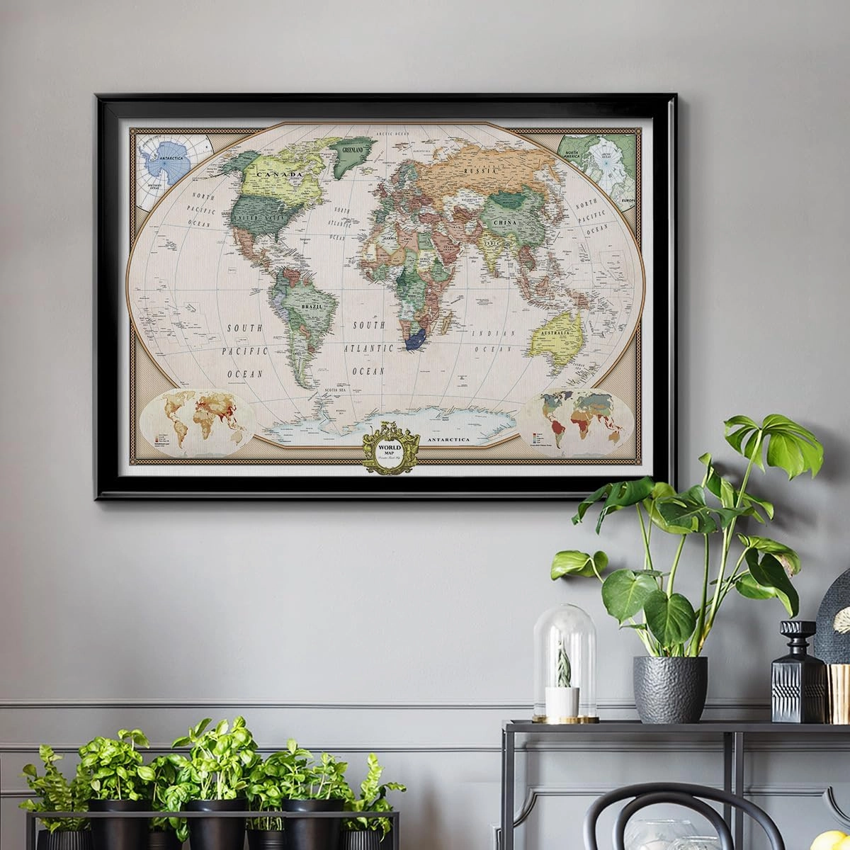 Renditions Gallery Colorful World Map Canvas Wall Art with Black Frame Wall Hanging Travel Map with Push Pins for Home, Office, Classroom