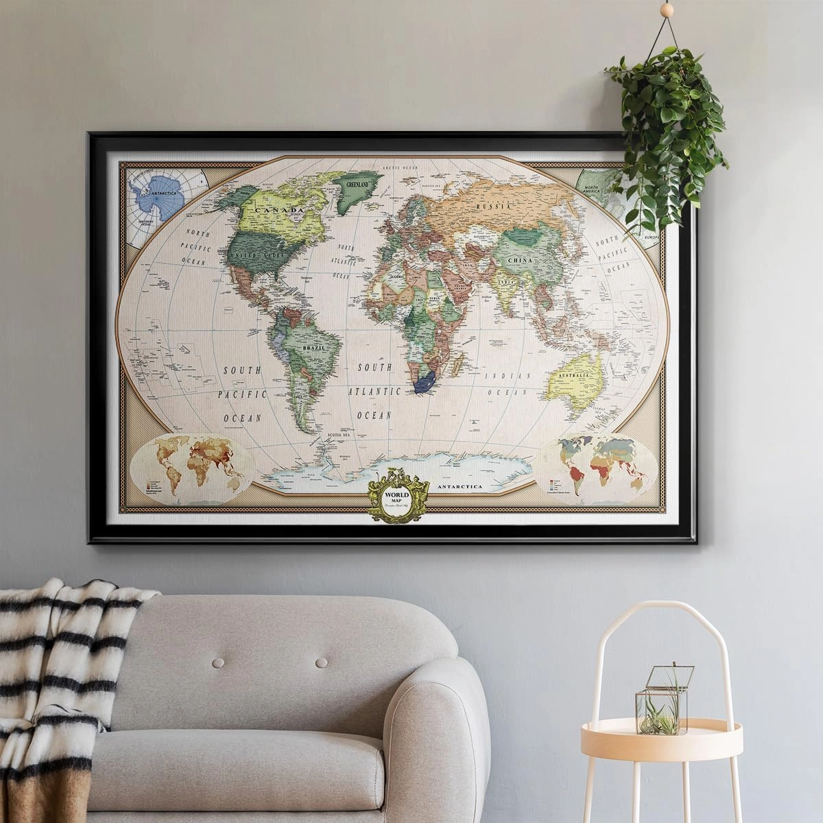 Renditions Gallery Colorful World Map Canvas Wall Art with Black Frame Wall Hanging Travel Map with Push Pins for Home, Office, Classroom