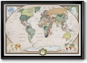 Renditions Gallery Colorful World Map Canvas Wall Art with Black Frame Wall Hanging Travel Map with Push Pins for Home, Office, Classroom