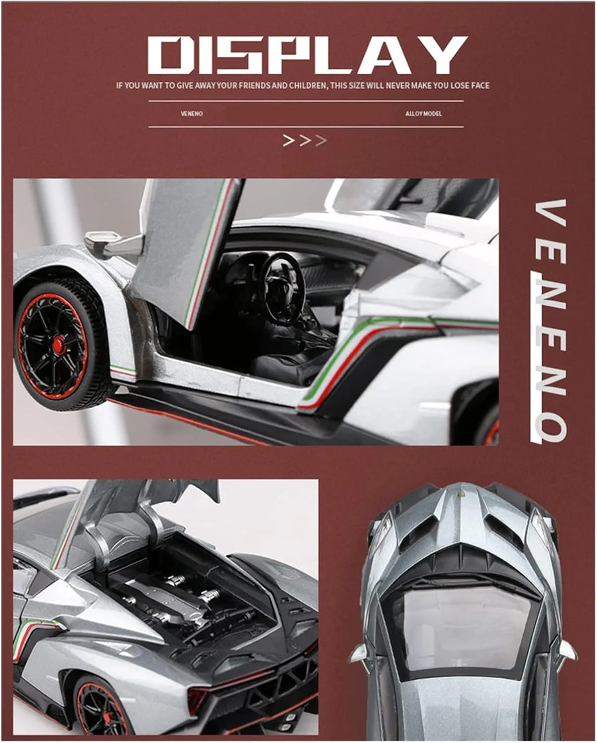 Resin Car Vehicle Model Fit for Lambo Veneno 1 24 Alloy Sports Car Model Sound and Light Pull Back Die Cast Vehicle Gift Collection Festive Deluxe Gift (Size : Red)
